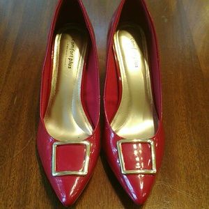 Cherry Red Point Toe Heels with Gold Faux Buckle